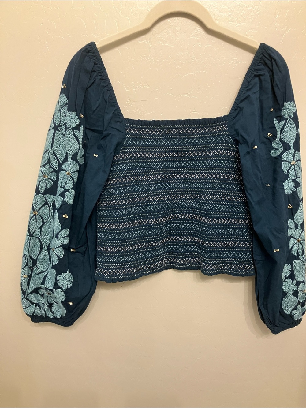 Anthropologie Teal Blue Embroidered Puff-Sleeve Crop Top - Picture 4 of 6